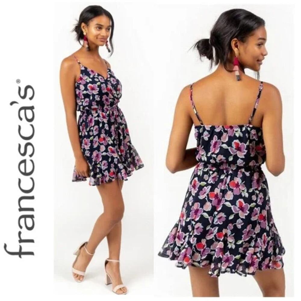 Blue Rain Floral Mini Dress in Navy with Pink and White Flowers